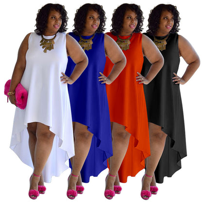Women Fashion Casual Plus Size Loose Solid Color Round Neck Sleeveless Irregular Skirt Dress