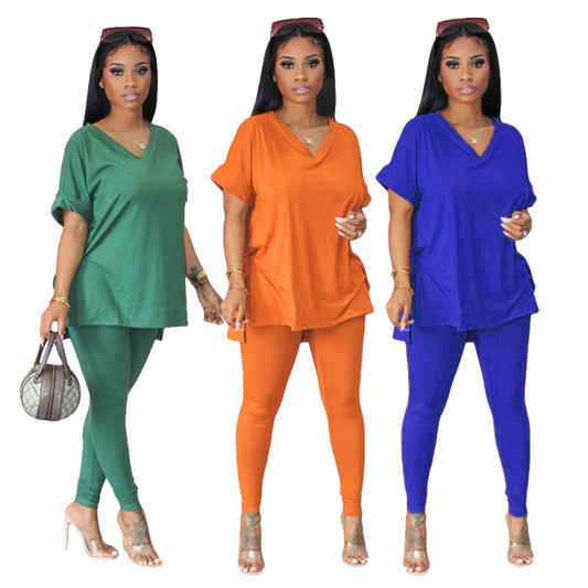 Conjunto de dos piezas para mujer, cuello en V, color liso, holgado, informal, de manga corta, top y pantalón