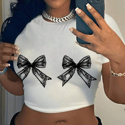 Women Fashion Casual Printed Round Neck Short Sleeve Tight Crop Top