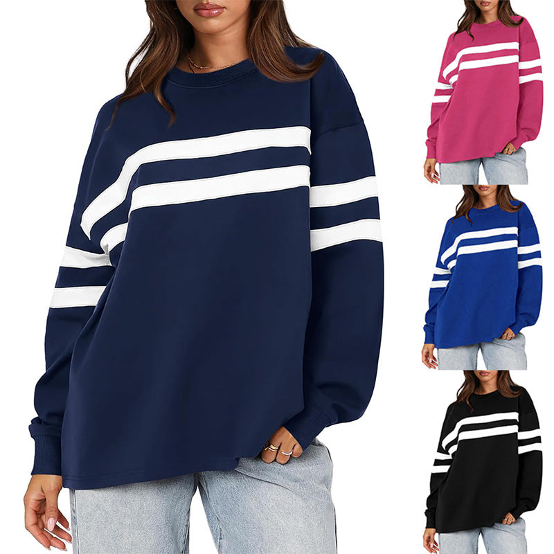 Women Casual Stripe Round Neck Loose Blank Sweatshirts