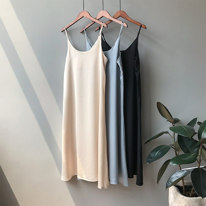 Summer Women Basic Sleeveless Casual Satin Sexy Solid Color V Neck Dress