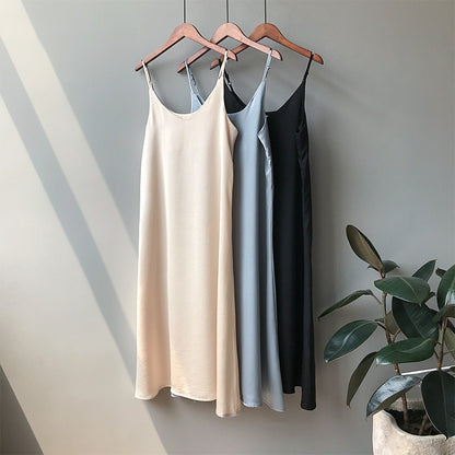 Summer Women Basic Sleeveless Casual Satin Sexy Solid Color V Neck Dress
