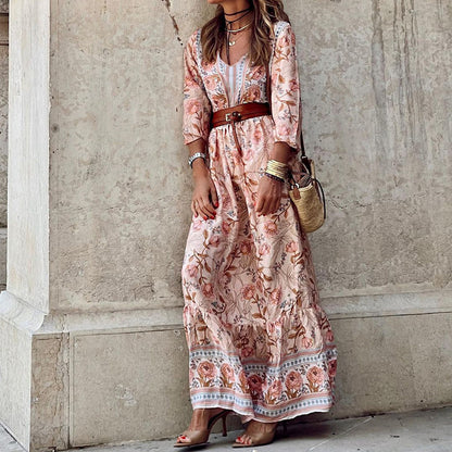 Women Fashion Casual Boho Print Long-Sleeve V-Neck Dress