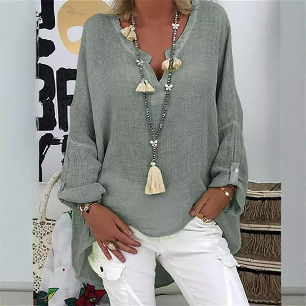 Blusa holgada informal de manga larga con cuello en V para mujer, talla grande