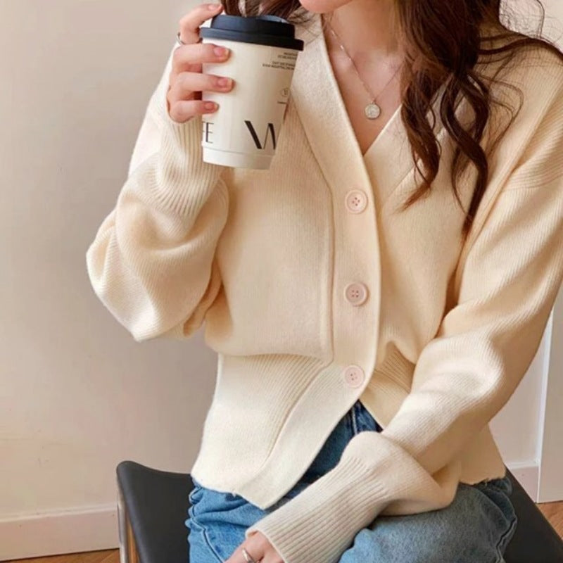 Women Fashion Casual Solid Color V-Neck Long-Sleeve Knitte Sweater Coat