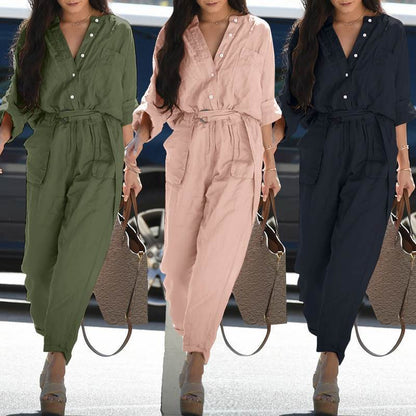 Women Fashion Casual Button Belt Cargo Jumpsuits