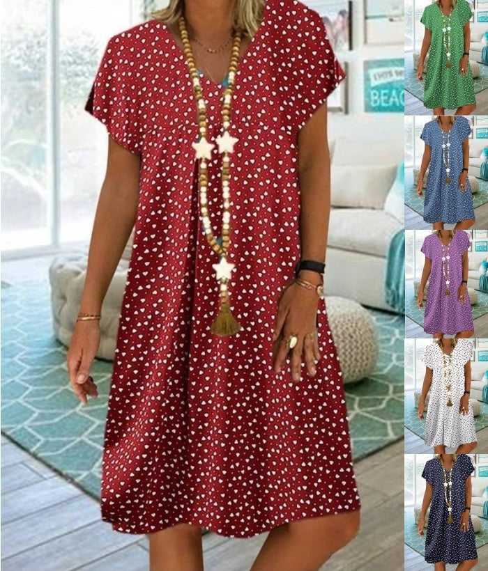 Women Fashion Casual V-Neck Dot Heart Print Dress