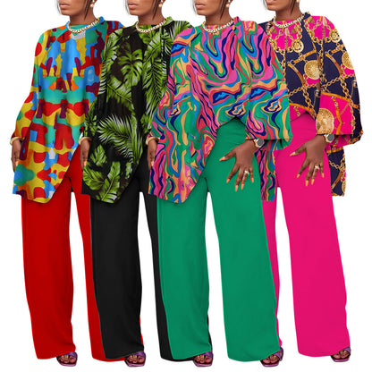 Conjunto de blusa y pantalones con estampado de talla grande informal holgado a la moda de primavera y otoño para mujer