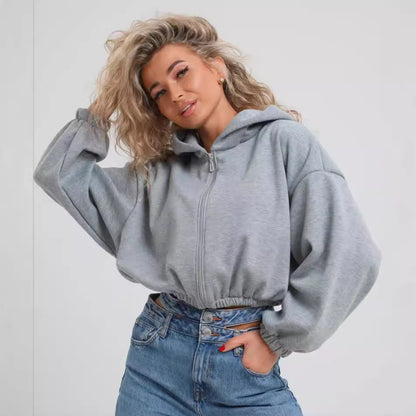 Sudadera con capucha informal de manga larga con cremallera y color liso para mujer