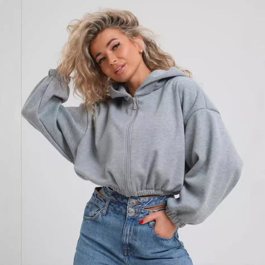 Sudadera con capucha informal de manga larga con cremallera y color liso para mujer