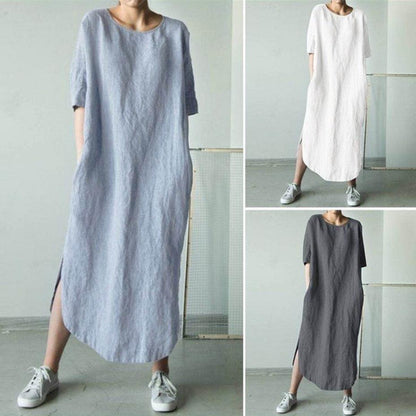 Women Casual Round Neck Half Sleeve Solid Color Cotton Linen Side-Slit Maxi Dress