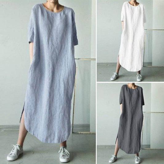 Women Casual Round Neck Half Sleeve Solid Color Cotton Linen Side-Slit Maxi Dress