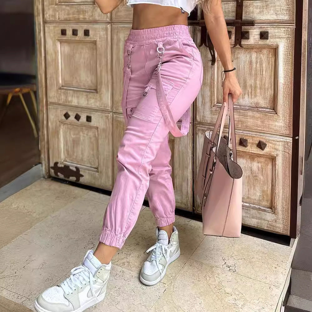 Women Fashion Casual Solid Color Multi-Pocket High Waist Slim-Fit Pants
