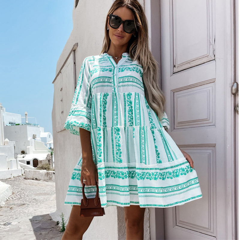 Summer Women Vintage Casual Bohemian Stripe Print Ruffled V-Neck High Waist Mini Fashion Loose Dress