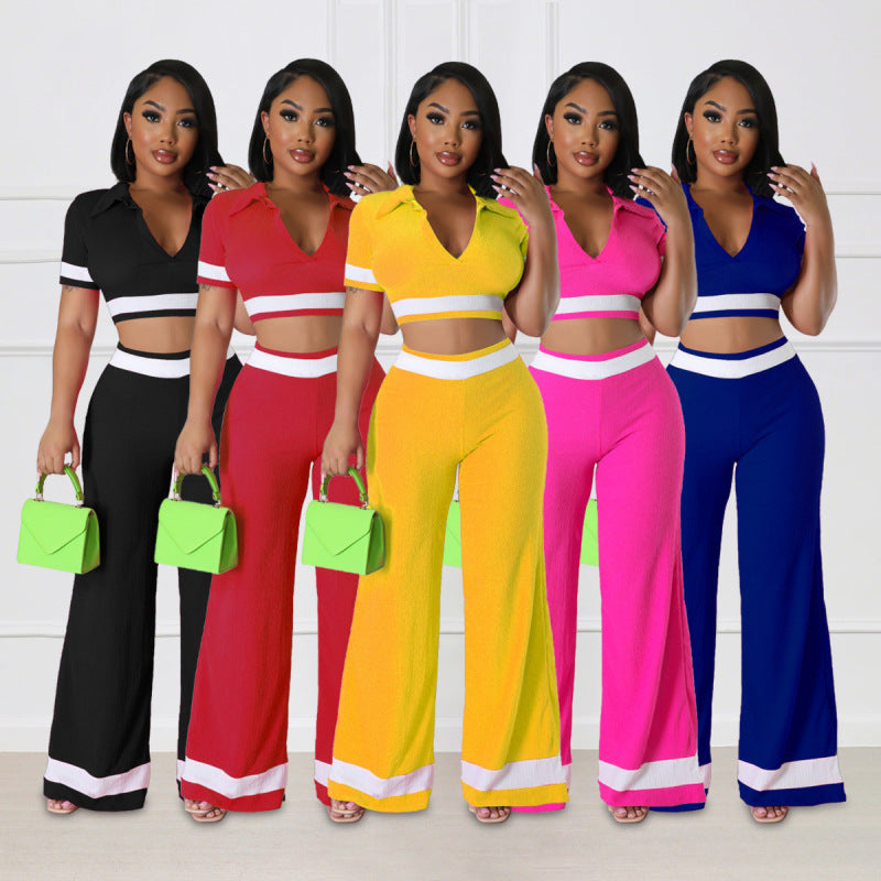Conjunto de dos piezas de top corto y pantalones cortos de manga corta con bloques de color para mujer