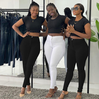 Women Solid Color Casual Tight High Waist High Elastic Skinny Jeans