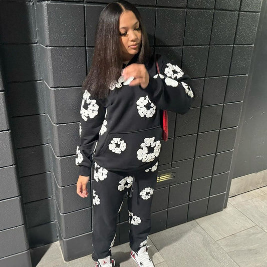 Women Fashion Casual Floral Printed Hooded Long-Sleeved Sweatshirt Pants Two-Piece Set