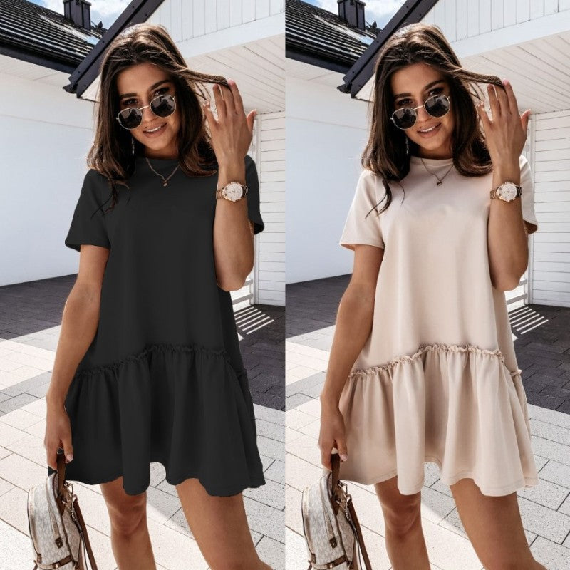 Women Casual Summer Solid Color Short-sleeved Loose Round Neck Ruffle Dress