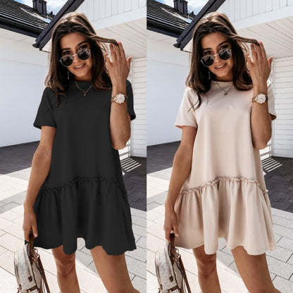 Women Casual Summer Solid Color Short-sleeved Loose Round Neck Ruffle Dress
