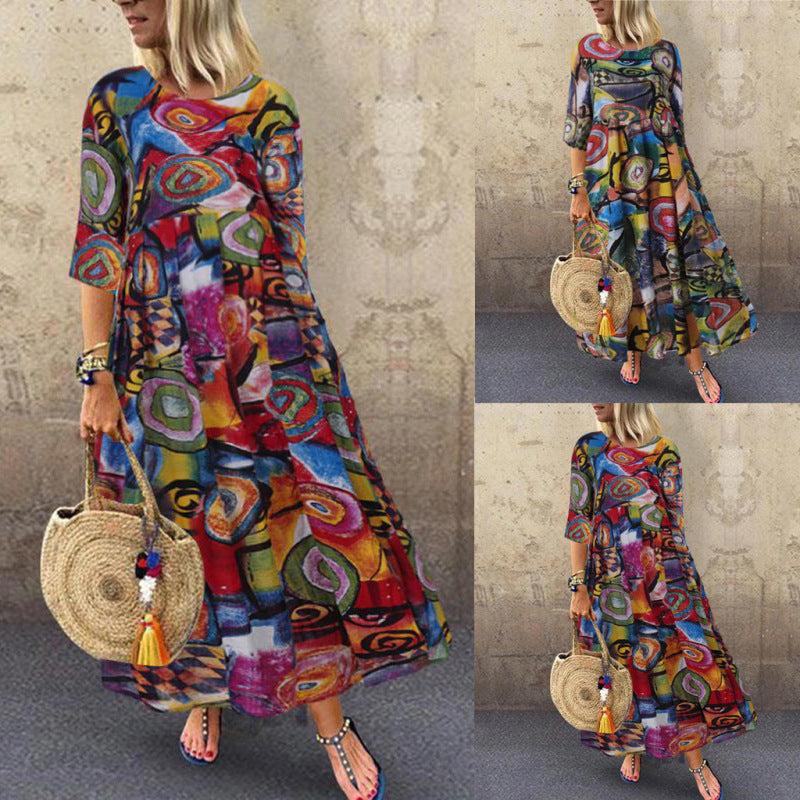 Vestido elegante informal de cuello redondo y manga corta con estampado integral para mujer, talla grande
