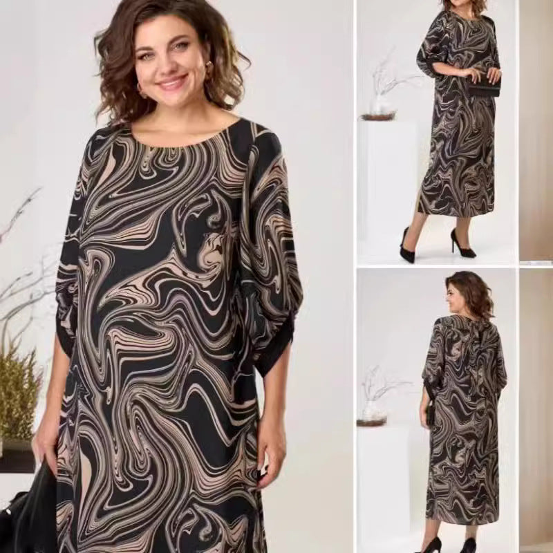 Women Fashion Casual Plus Size Graphic Printed Round Neck Dress