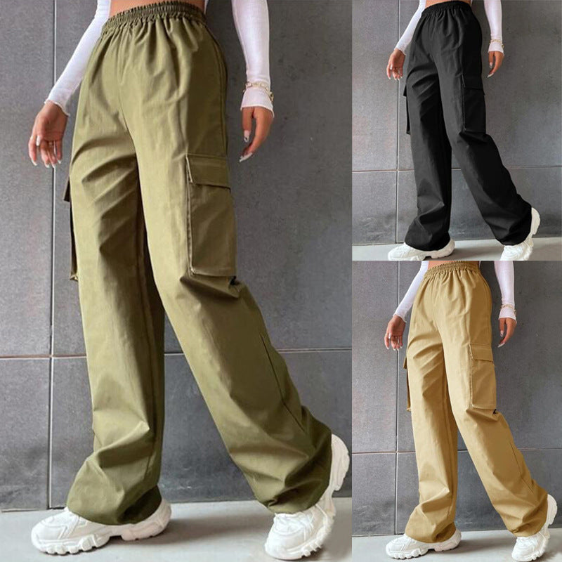 Women Loose Casual Solid Color High Waist Cargo Pants