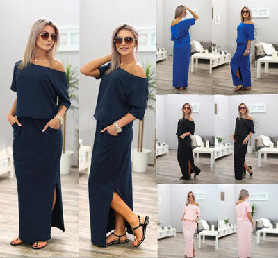 Women Casual Basic Solid Color Short Sleeve Summer Oblique Shoulder Side-slit Pocket Loose Dress