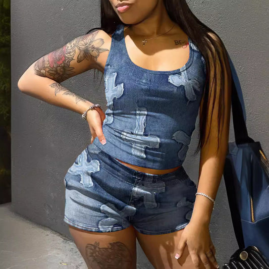 Casual Women Cross Printed Sleeveless Tank Top Tight Shorts Set