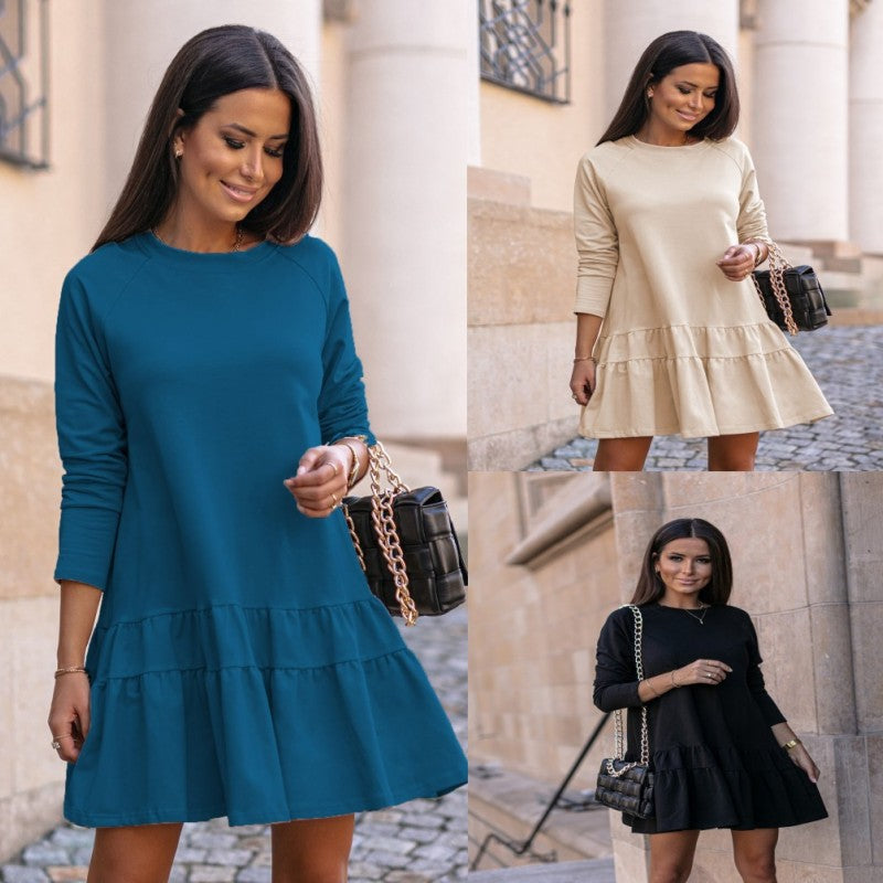 Vestido informal de manga larga para mujer, holgado, con cuello redondo y volantes, color liso