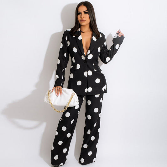 Conjunto de dos piezas de blazer y pantalón con estampado de lunares para mujer