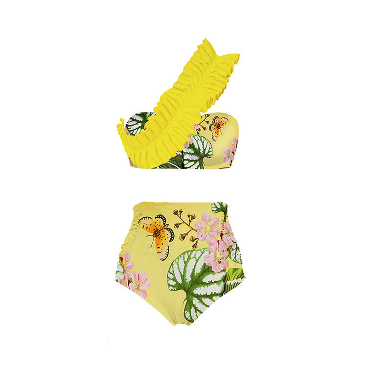 Conjunto de 2 piezas de traje de baño para mujer, informal, con estampado floral, top corto de un solo hombro y pantalones cortos ajustados