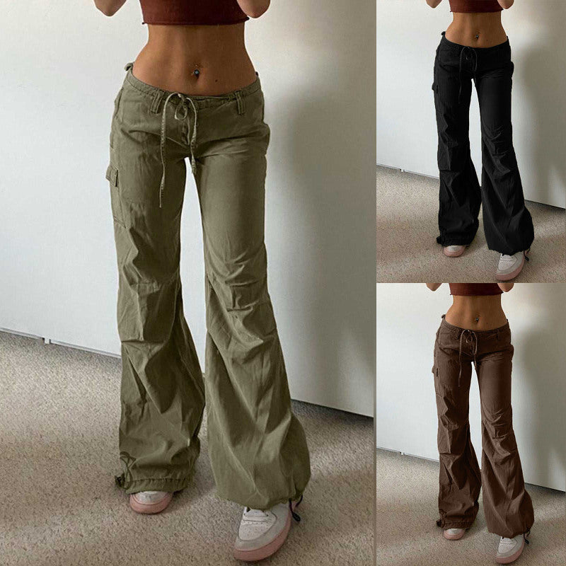 Women Fashion Casual Solid Color Drawstring Straight Pants