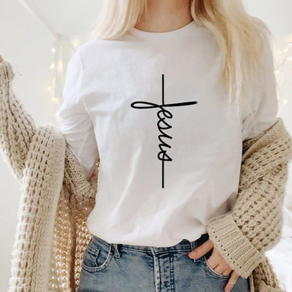 Peace Women Casual Letter Faith Print Short-sleeved Round Neck Loose Colored T-shirt