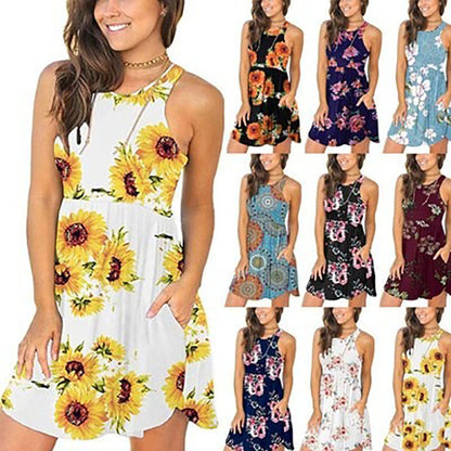 Summer Women Casual Floral Print Round Neck Sleeveless Pocket Dress