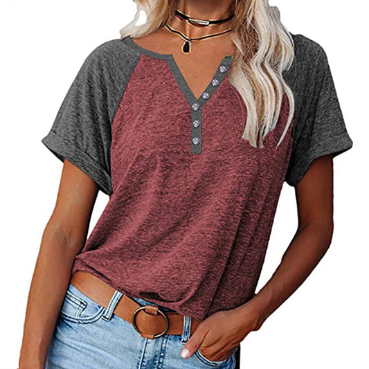 Camiseta informal de manga corta con cuello en V y botones para mujer, estilo holgado y con bloques de color