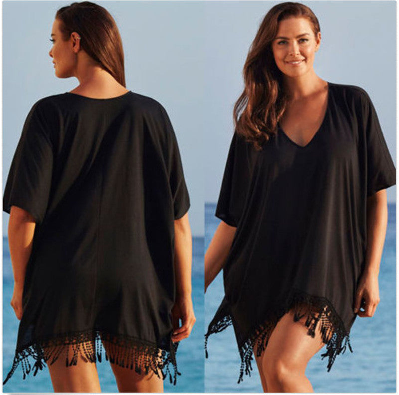 Women Fashion Casual Solid Color Tassel V Neck Short Sleeve Plus Size Dress