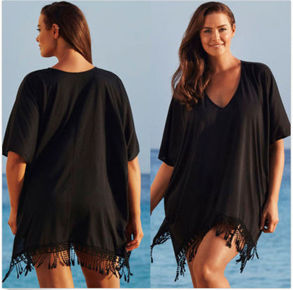 Women Fashion Casual Solid Color Tassel V Neck Short Sleeve Plus Size Dress