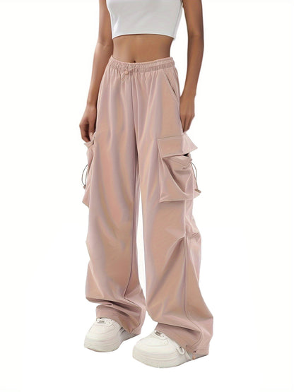 Women Fashion Casual Solid Color Pocket Drawstring Pants