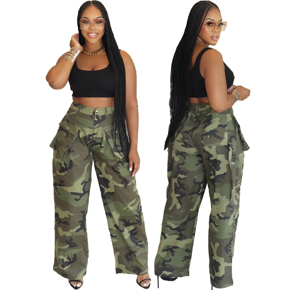 Women Fashion Casual Camouflage Printed Multi-Pocket Wide Leg Pants