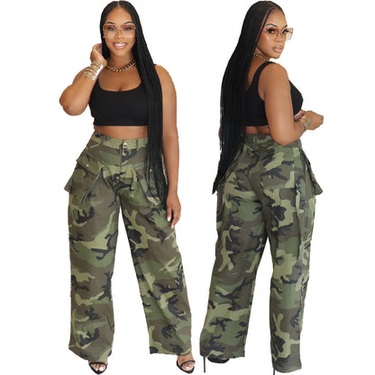 Women Fashion Casual Camouflage Printed Multi-Pocket Wide Leg Pants