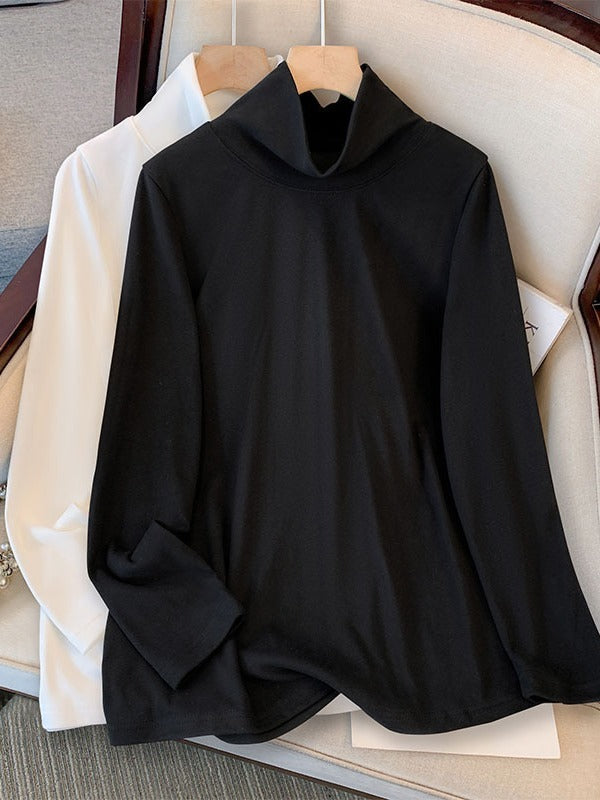 Camiseta básica informal holgada de talla grande con cuello alto y manga larga de color liso para mujer