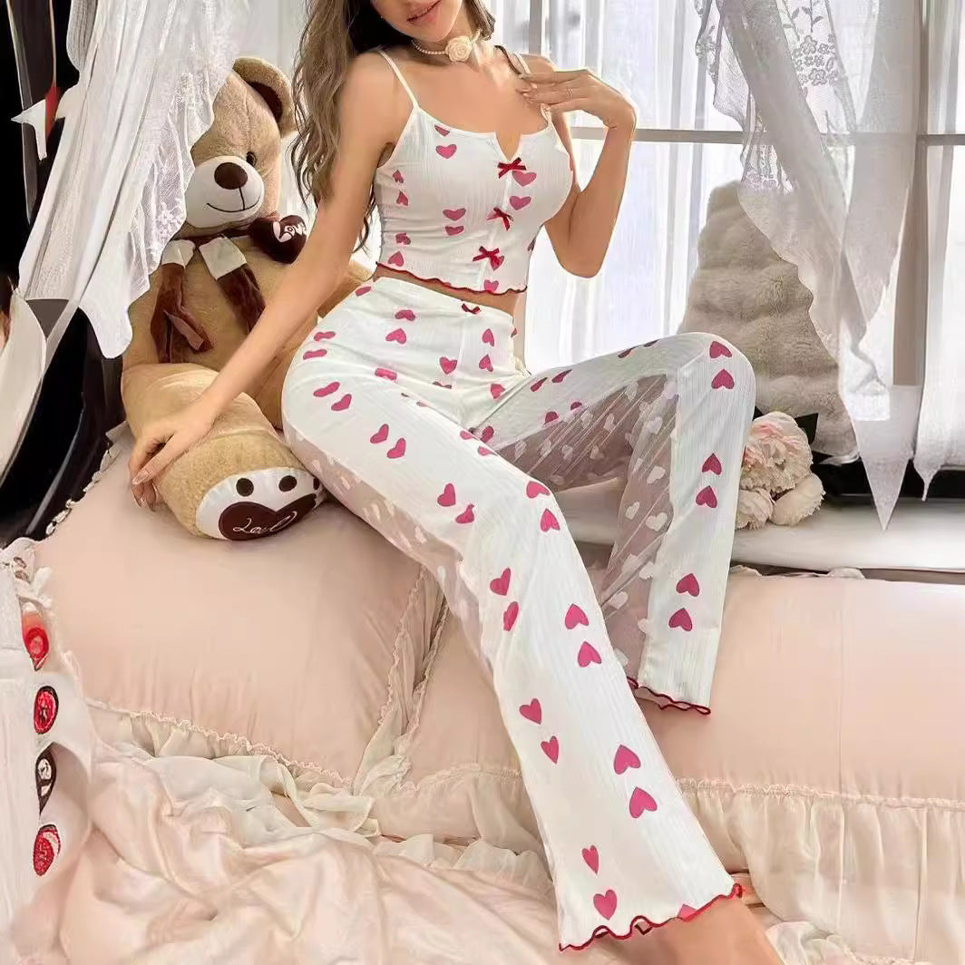 Conjunto de pijama de dos piezas con camisola estampada informal para mujer, pantalones de malla