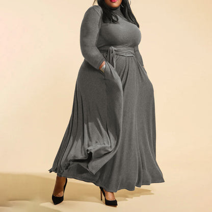 Women Fashion Casual Solid Color High Neck Long Sleeve Lace-Up Plus Size Dress