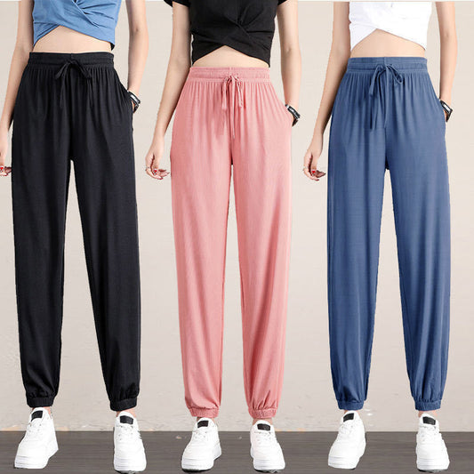 Pantalones deportivos de seda de hielo para mujer, pantalones deportivos holgados, finos e informales de verano para estudiantes