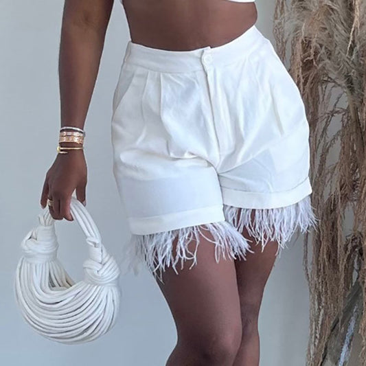 Pantalones cortos casuales de cintura alta con cremallera y borlas de plumas para mujer