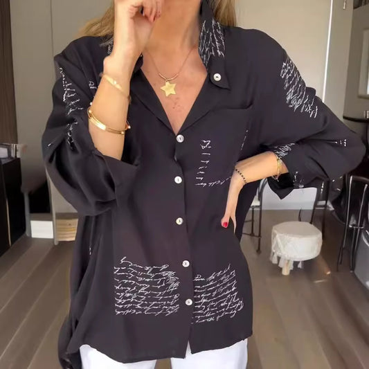 Blusa informal de manga larga con solapa y estampado de letras para mujer