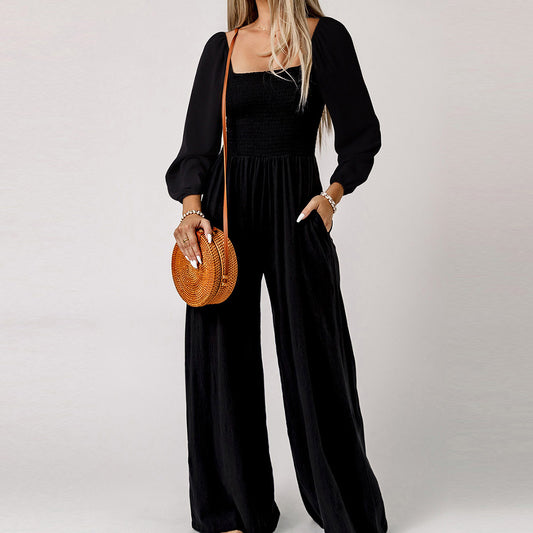 Women Fashion Casual Solid Color Square Collar Long Sleeve High Waist Wide Leg Jumpsuits