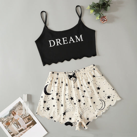 Conjunto de pijama informal atrevido con top corto sin mangas y pantalones cortos para mujer