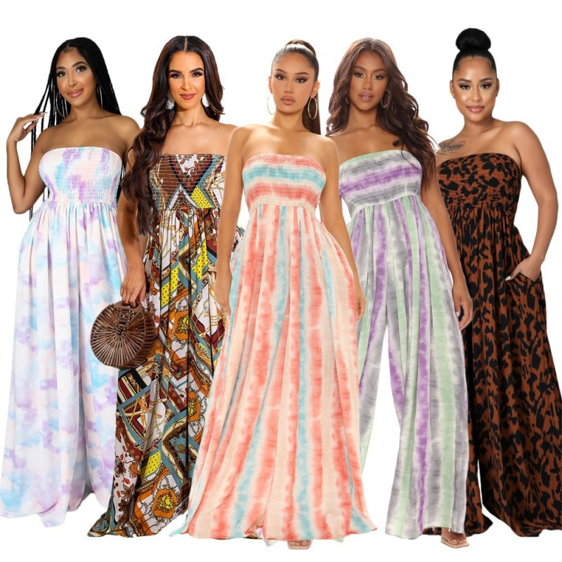 Women'S Fashion Casual Tie-Dye Printing Loose Tube Jumpsuit