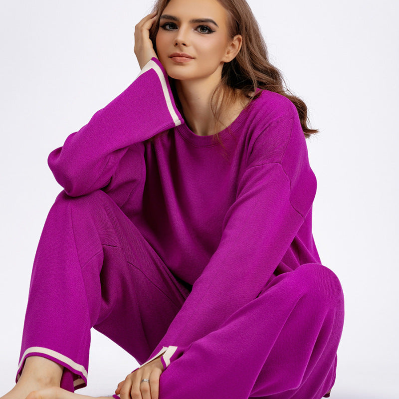 Conjunto de dos piezas de pantalón ancho de punto de manga larga con abertura en contraste para mujer, informal, para otoño e invierno